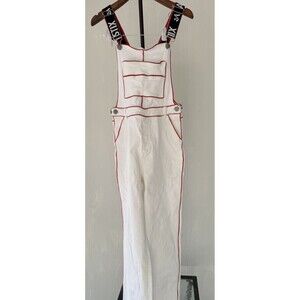 Artistix Women’s L White Denim Overalls Jumpsuit Red Trim Logo Straps Cotton